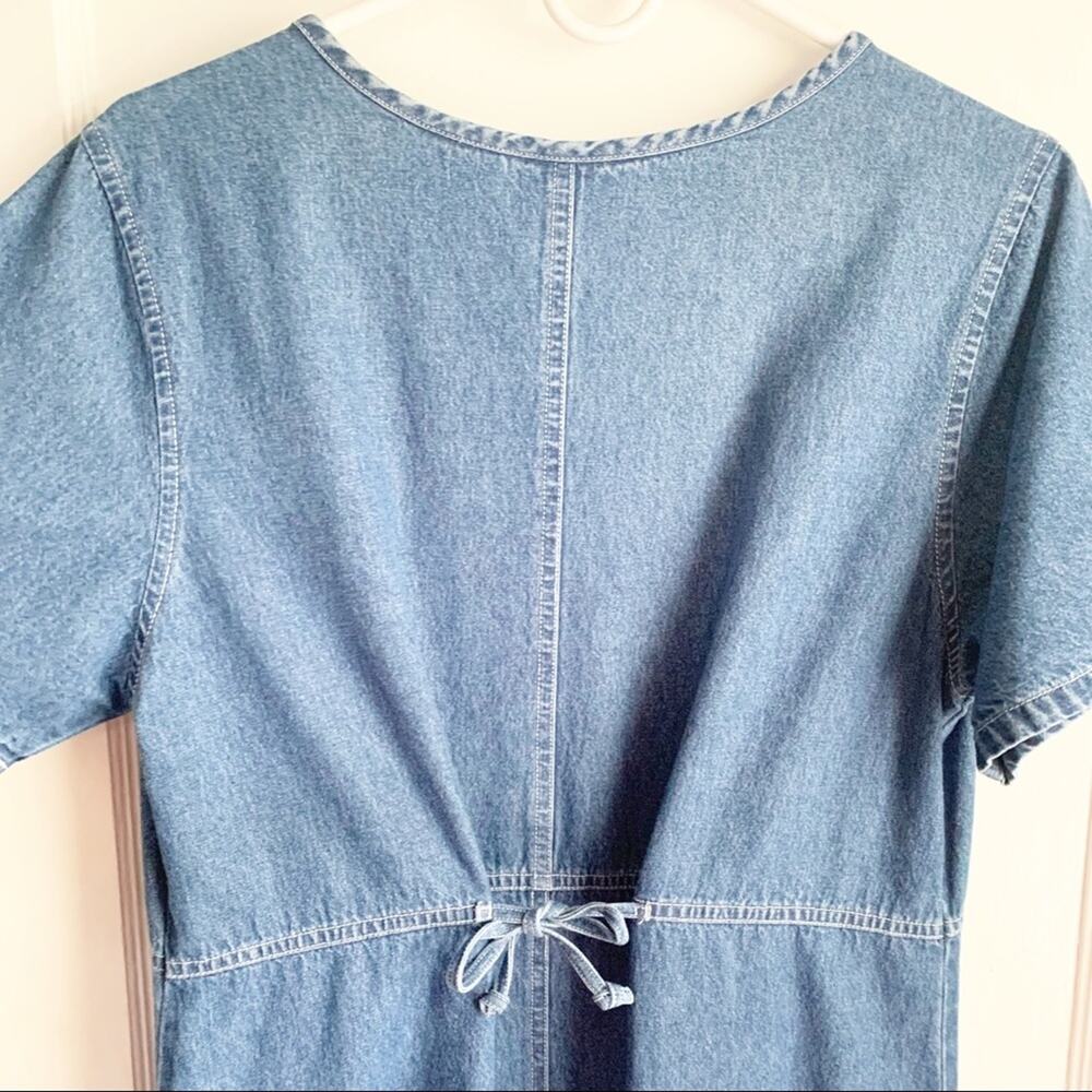 VTG Cottagecore Denim Maxi Dress 1980s White Flower Buttons Oversized Prairie S - Picture 14 of 14